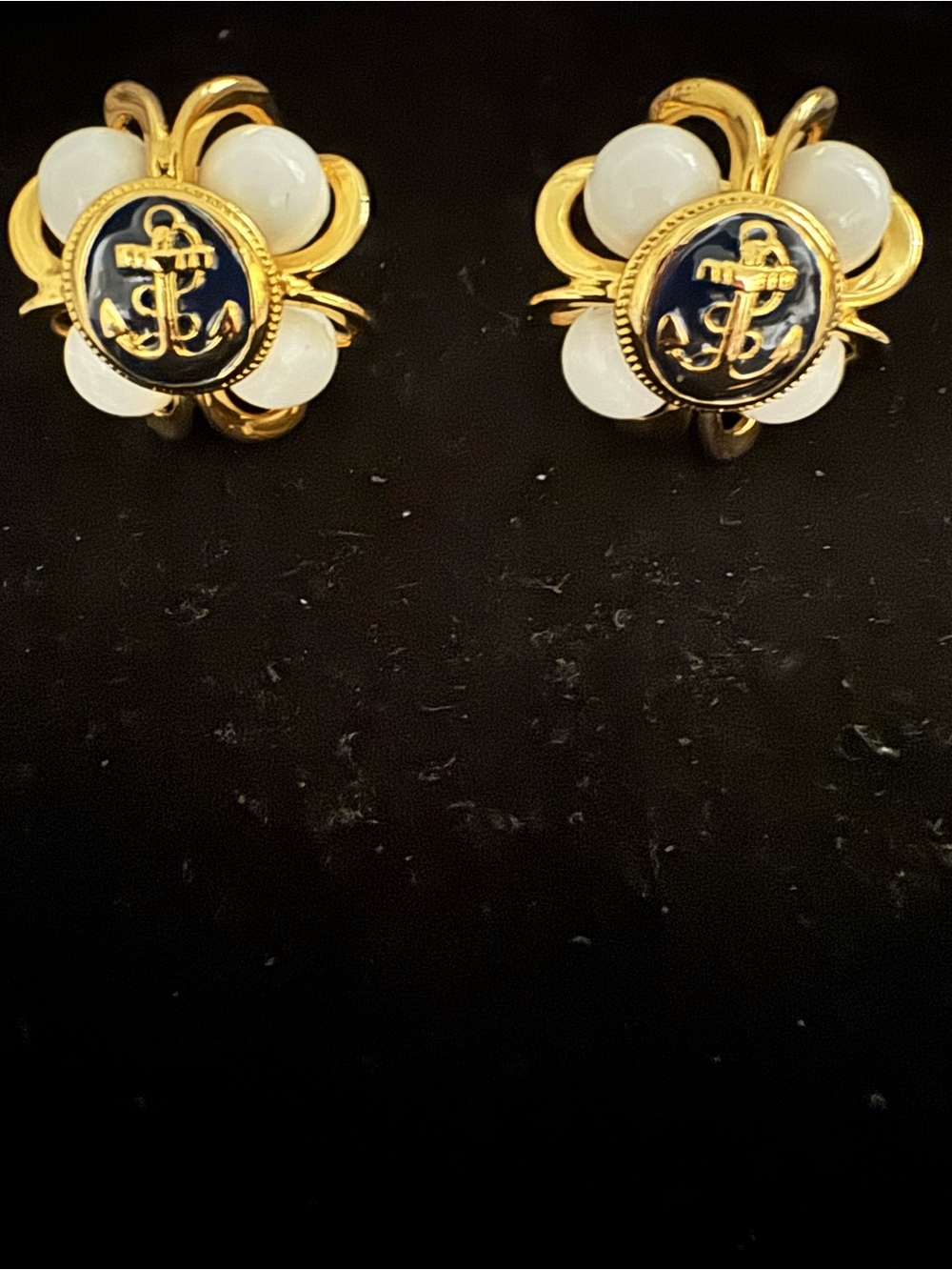 Gold Anchor Flower Clip-On Earrings with White Beads